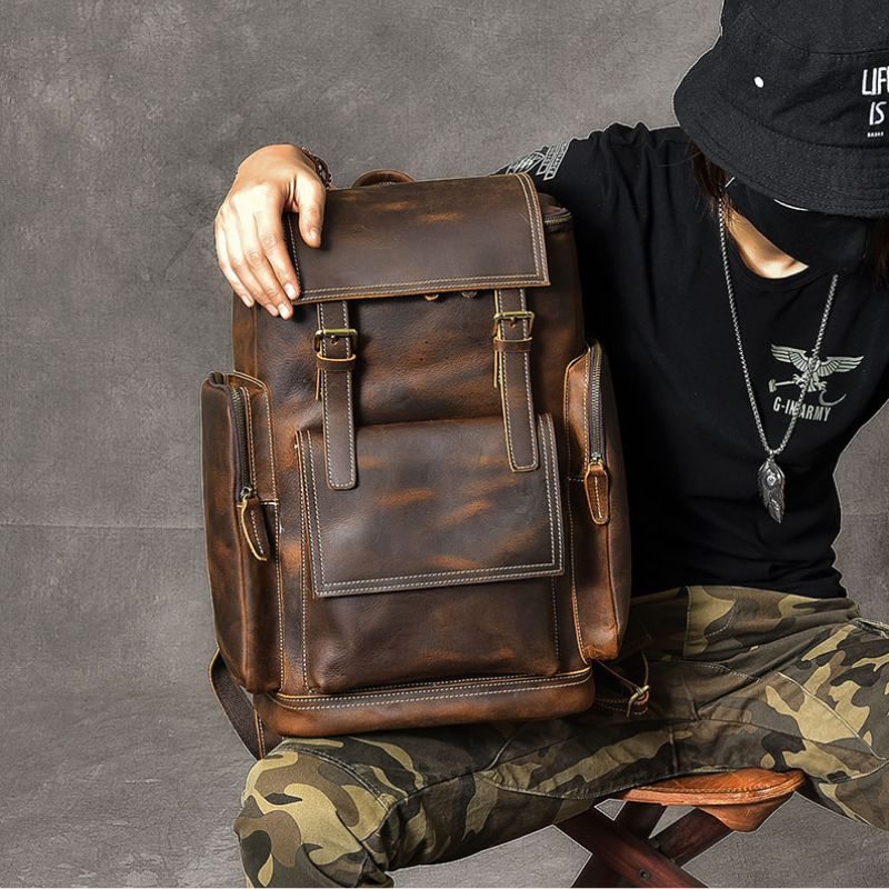 Premium Crazy Horse Genuine Leather Stylish Backpack-Backpacks-Dark Brown-Free Shipping Leatheretro