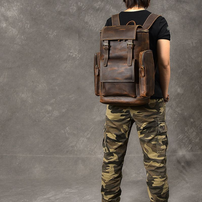 Premium Crazy Horse Genuine Leather Stylish Backpack-Backpacks-Dark Brown-Free Shipping Leatheretro