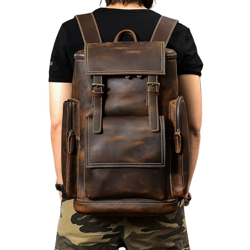 Premium Crazy Horse Genuine Leather Stylish Backpack-Backpacks-Dark Brown-Free Shipping Leatheretro