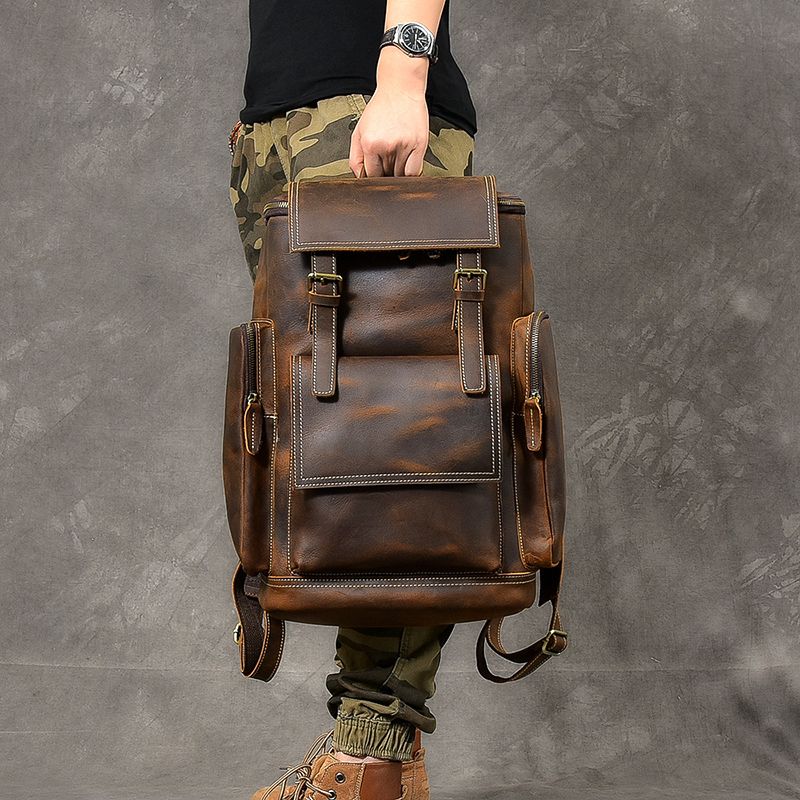 Premium Crazy Horse Genuine Leather Stylish Backpack-Backpacks-Dark Brown-Free Shipping Leatheretro