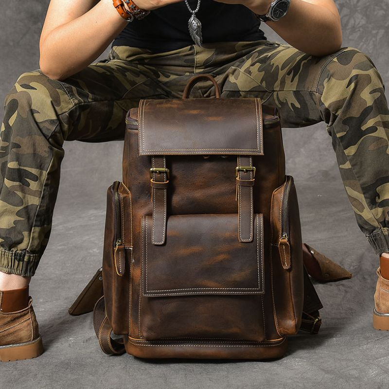 Premium Crazy Horse Genuine Leather Stylish Backpack-Backpacks-Dark Brown-Free Shipping Leatheretro