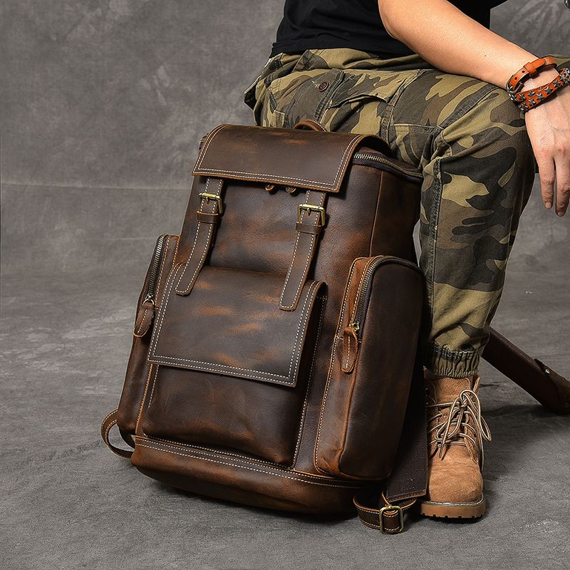 Premium Crazy Horse Genuine Leather Stylish Backpack-Backpacks-Dark Brown-Free Shipping Leatheretro