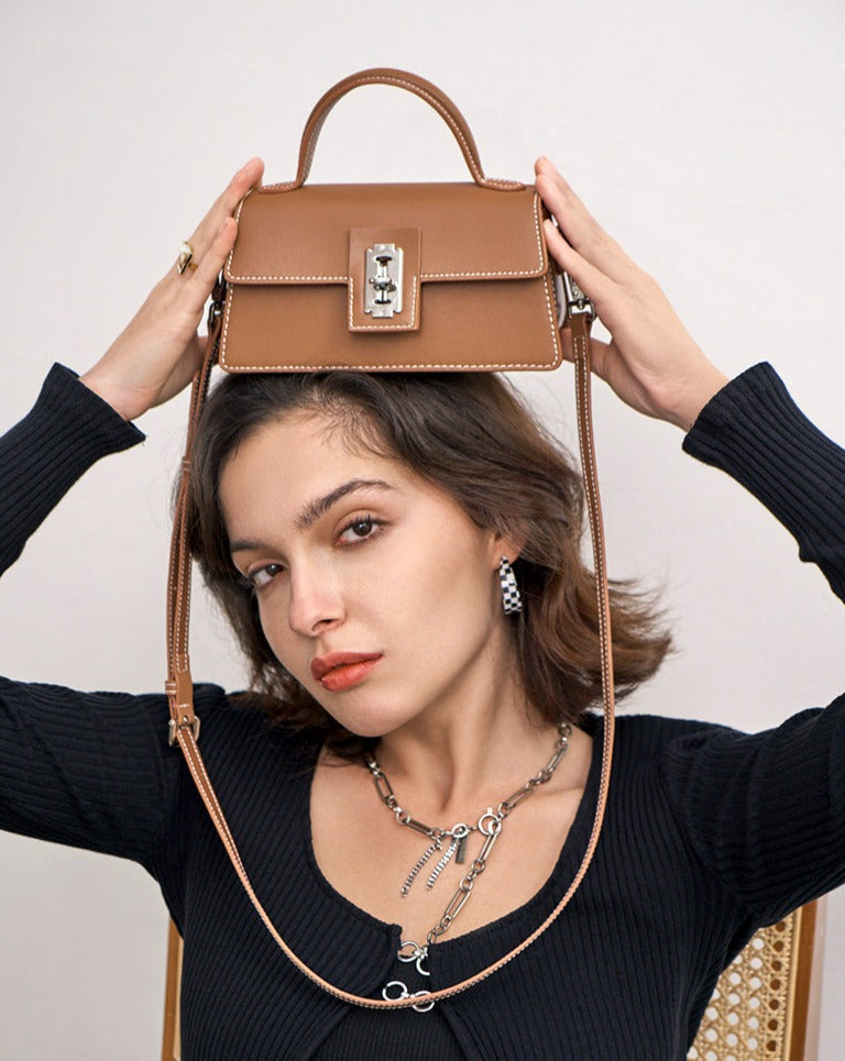 Real Cowhide Ladies Purse Genuine Leather Crossbody Bag-Handbags-Brown-Free Shipping Leatheretro
