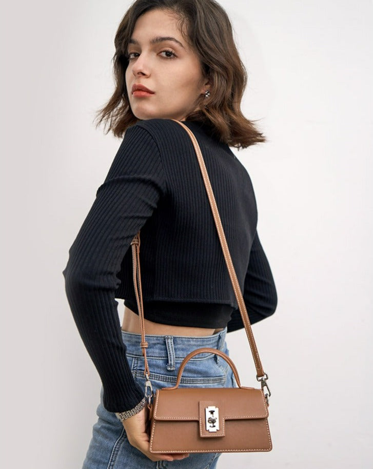 Real Cowhide Ladies Purse Genuine Leather Crossbody Bag-Handbags-Brown-Free Shipping Leatheretro