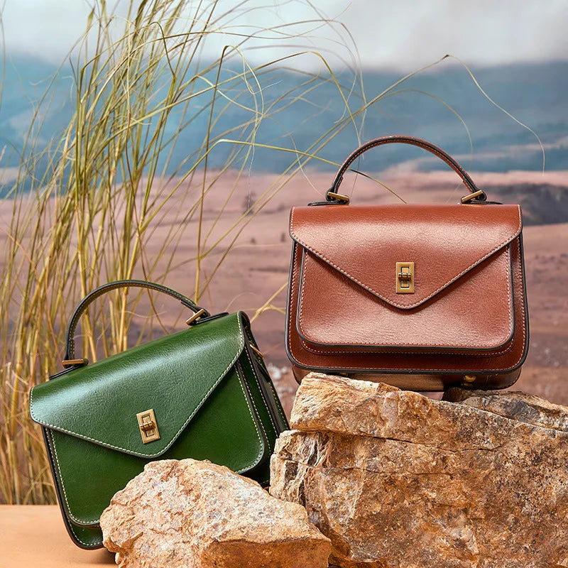 Real Cowhide Crossbody Bag – Retro Designer Small Satchels-Handbags-Dark Green-Free Shipping Leatheretro