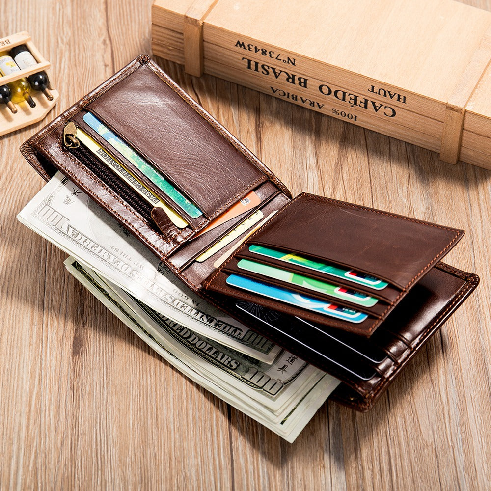 Real Genuine Leather Men's RFID Block Bifold Wallet-Wallets & Money Clips-Oil Coffee-Free Shipping Leatheretro