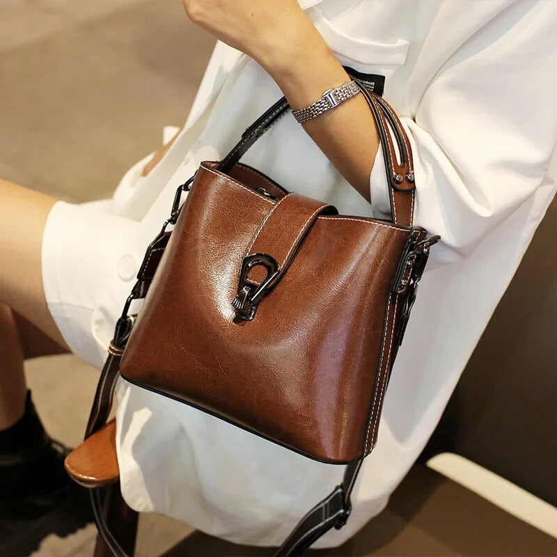 Real Oil Wax Leather Bucket Bag-Handbags-Coffee-Free Shipping Leatheretro
