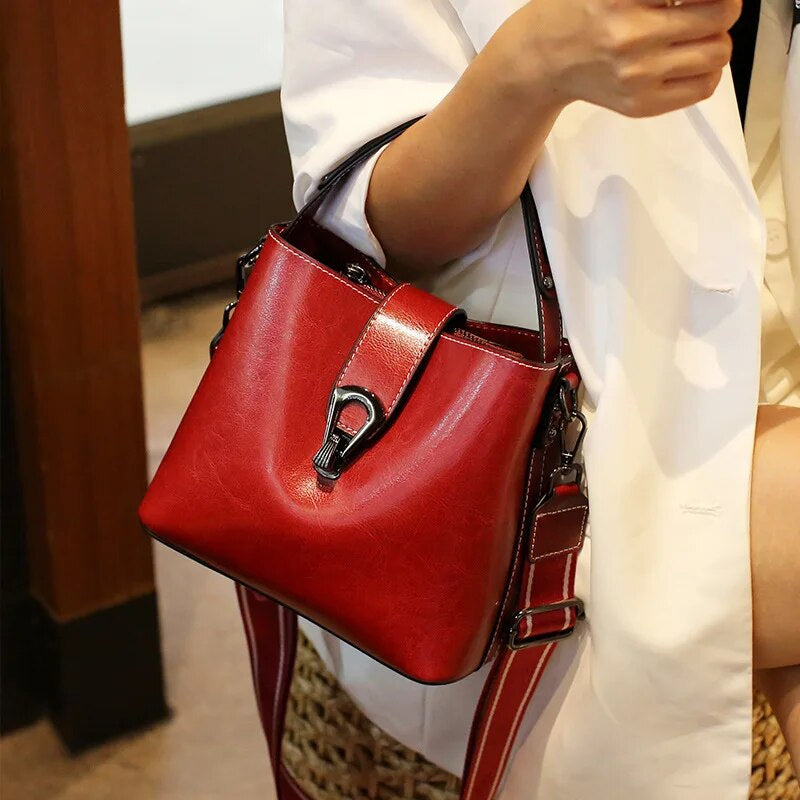 Real Oil Wax Leather Bucket Bag-Handbags-Red-Free Shipping Leatheretro