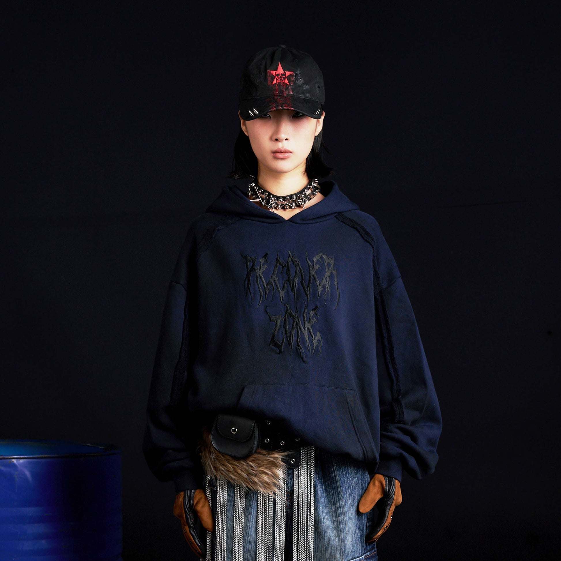 RECOVER ZONE LOGO Embroidered Dirty Wash Hoodie-Hoodie-M-Black-Free Shipping Leatheretro