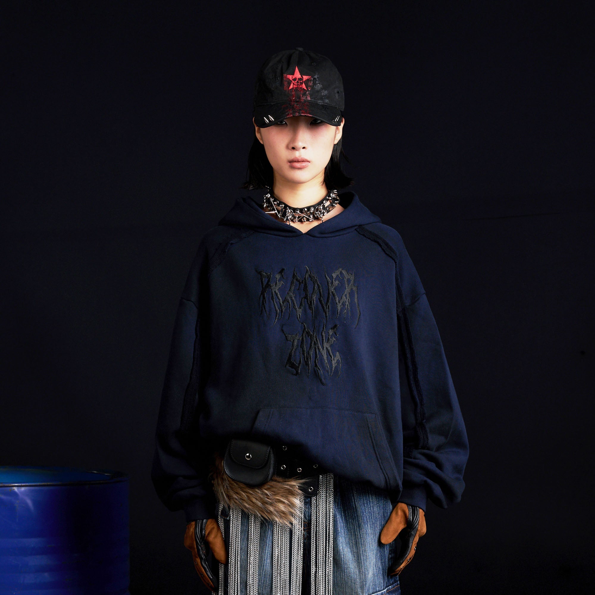 RECOVER ZONE LOGO Embroidered Dirty Wash Hoodie-Hoodie-M-Black-Free Shipping Leatheretro