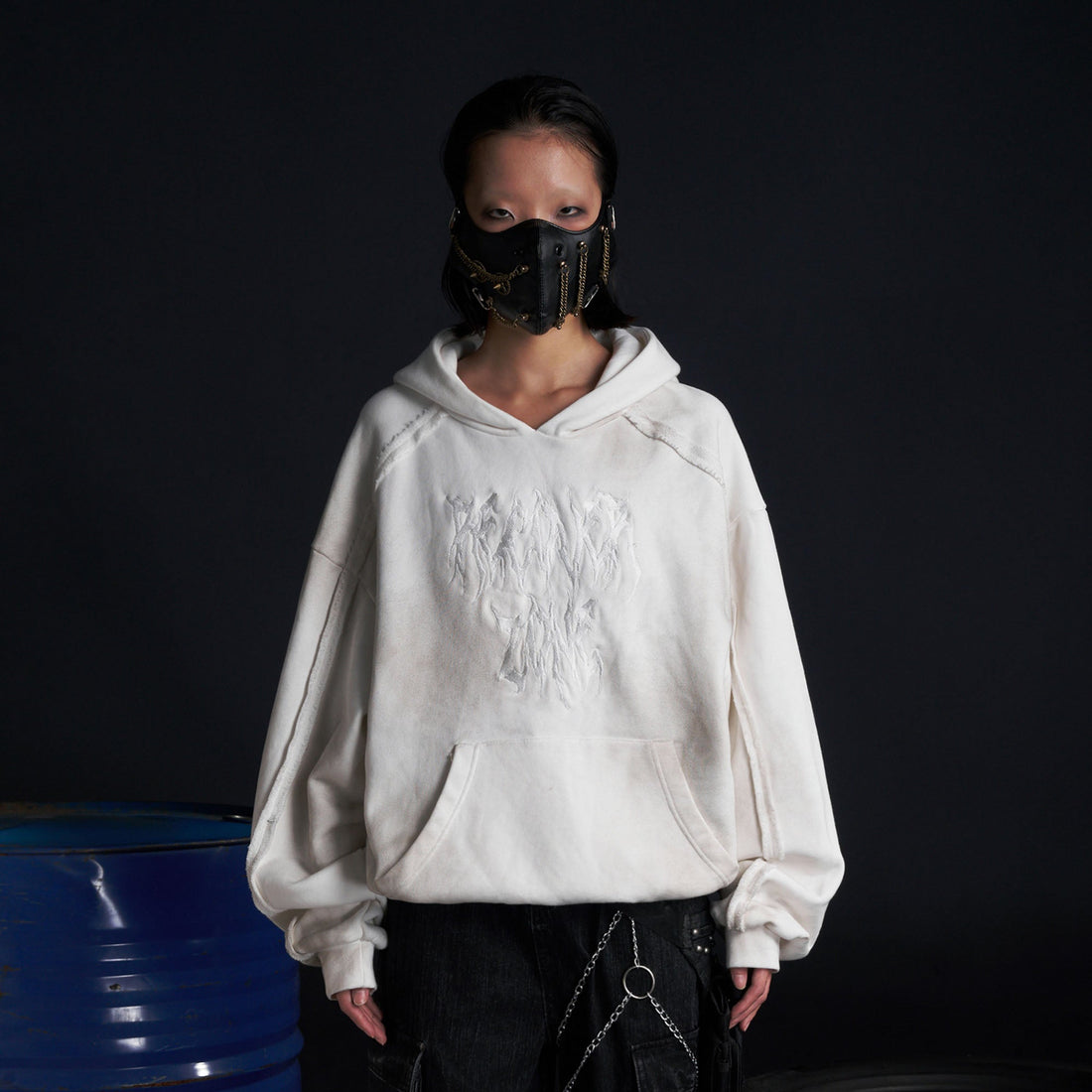 RECOVER ZONE LOGO Embroidered Dirty Wash Hoodie-Hoodie-M-White-Free Shipping Leatheretro