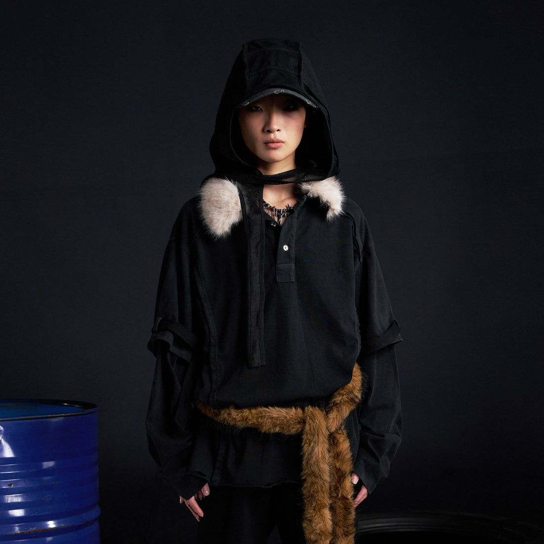 RECOVER ZONE Detachable Faux Fur Collar Long Sleeve Shirt-L/S Tee-M-Black-Free Shipping Leatheretro