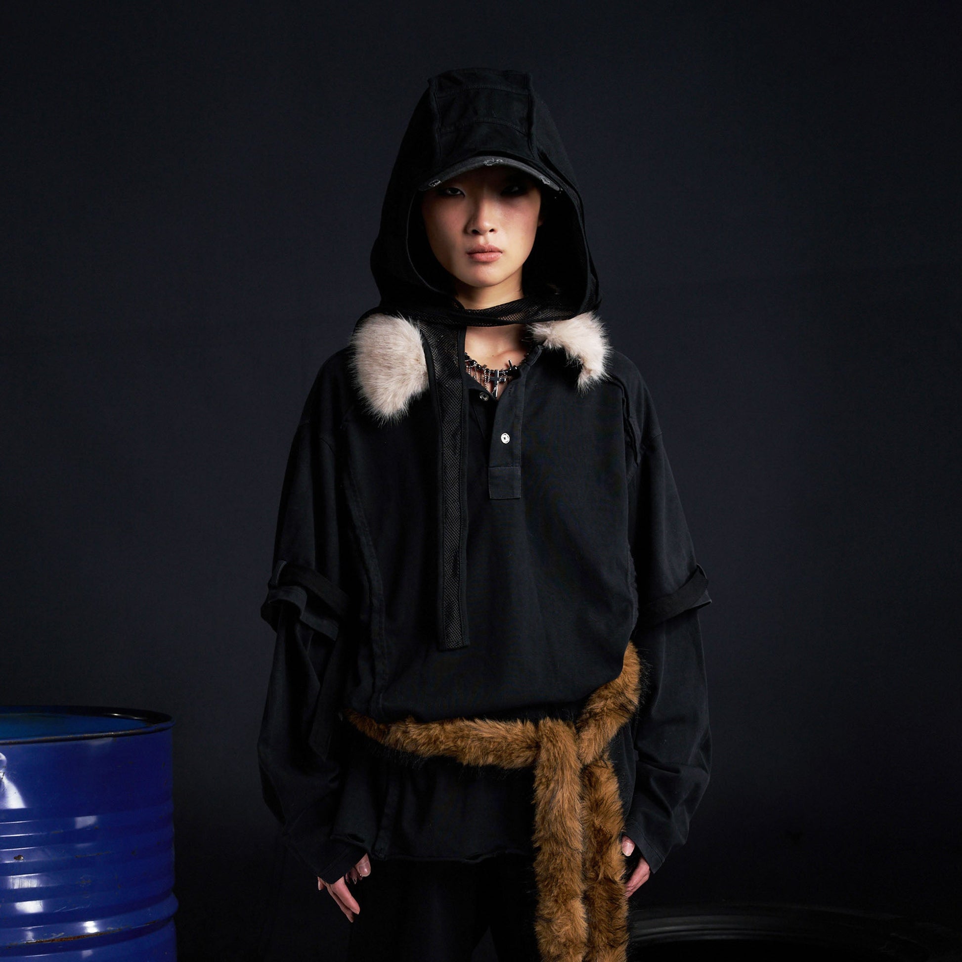 RECOVER ZONE Detachable Faux Fur Collar Long Sleeve Shirt-L/S Tee-M-Black-Free Shipping Leatheretro