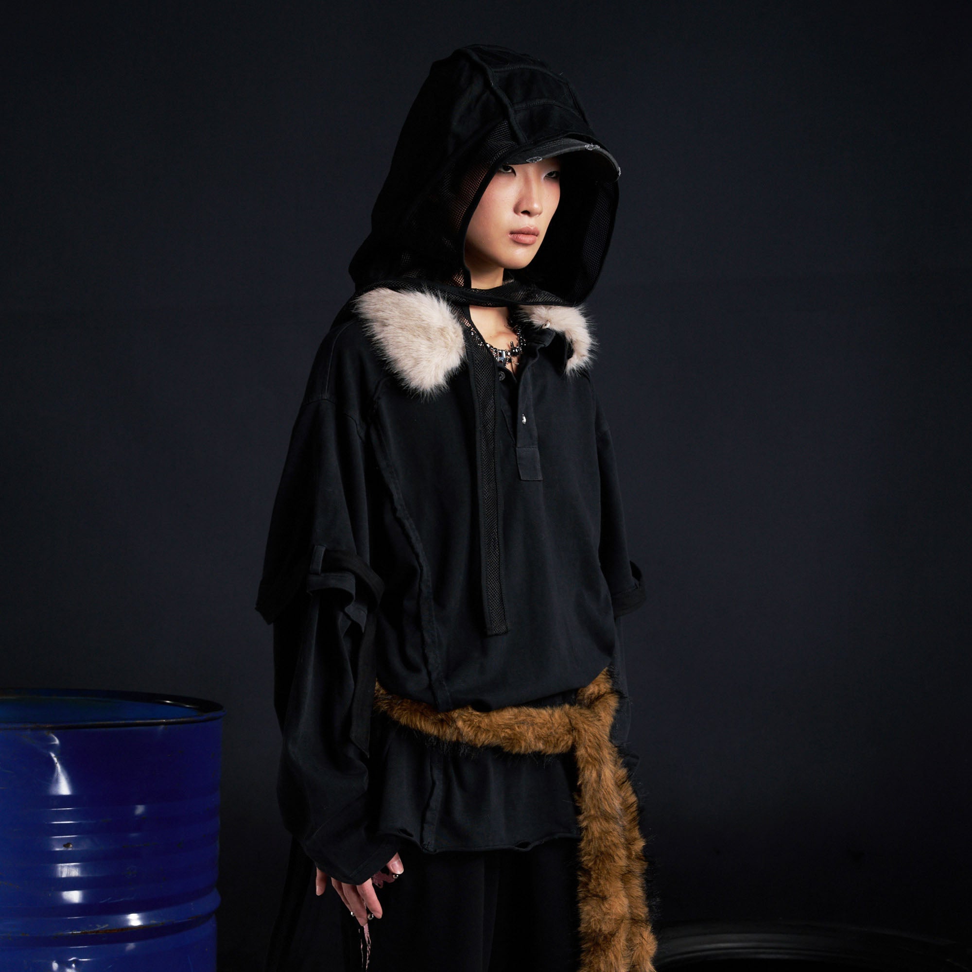 RECOVER ZONE Detachable Faux Fur Collar Long Sleeve Shirt-L/S Tee-M-Black-Free Shipping Leatheretro