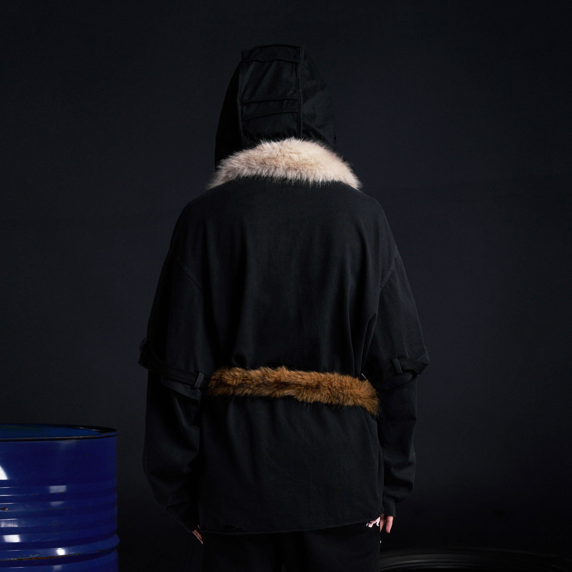 RECOVER ZONE Detachable Faux Fur Collar Long Sleeve Shirt-L/S Tee-M-Black-Free Shipping Leatheretro