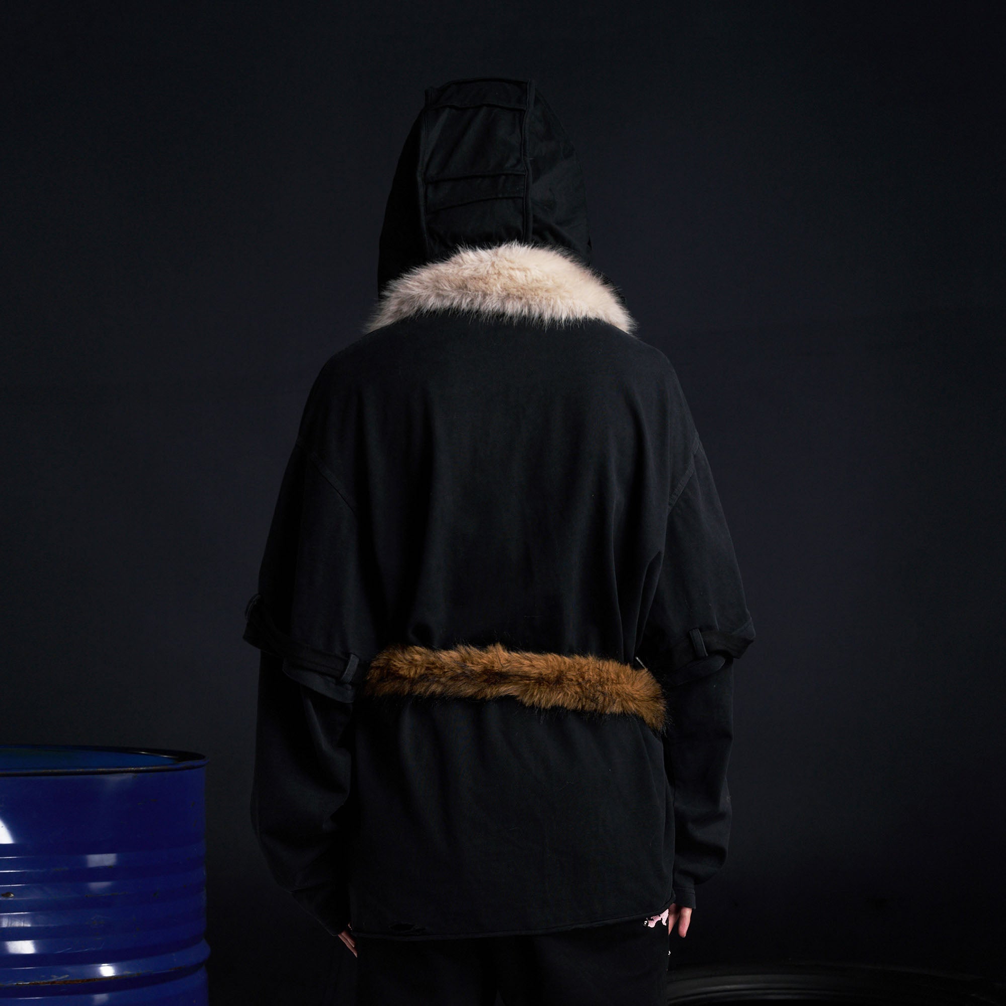 RECOVER ZONE Detachable Faux Fur Collar Long Sleeve Shirt-L/S Tee-M-Black-Free Shipping Leatheretro