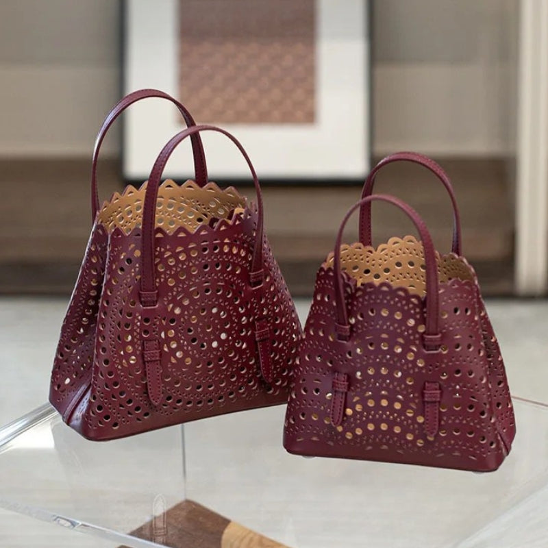 French Handmade Cowhide Leather Tote Bag - Vegetable Basket Versatile Handbag-Shopper Bag-Red Bean Color-Width 18 cm * Height 16 cm * Depth 8.5 cm-Free Shipping Leatheretro