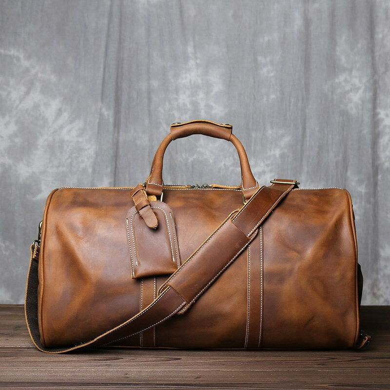 Genuine Leather Travel Bag with Shoe Pocket Travel Duffle-Duffle Bags-Brown-Free Shipping Leatheretro