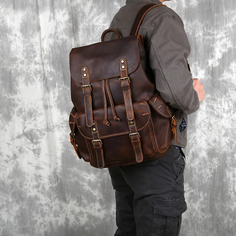 Crazy Horse Leather Men's Backpack-Backpacks-Brown-Free Shipping Leatheretro