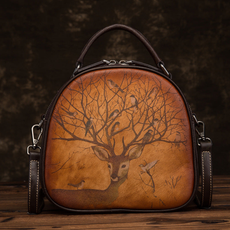 Retro Deer Bird Hand-Painted Leather Bag-Handbags-Yellowish Brown-Free Shipping Leatheretro