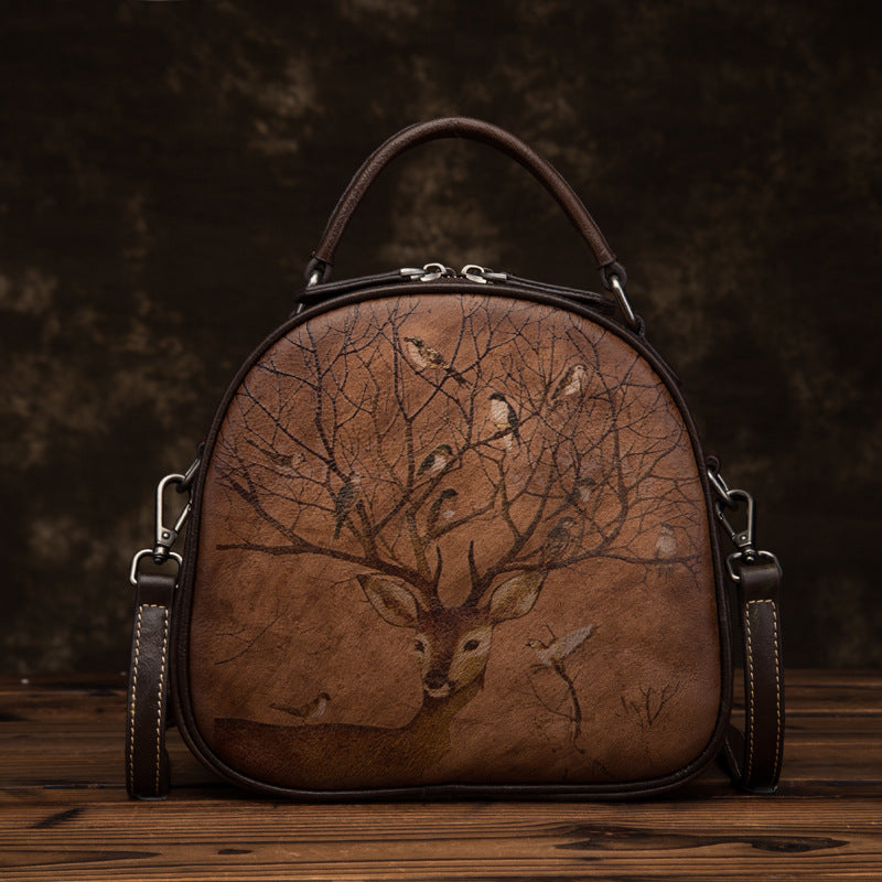 Retro Deer Bird Hand-Painted Leather Bag-Handbags-Brown-Free Shipping Leatheretro
