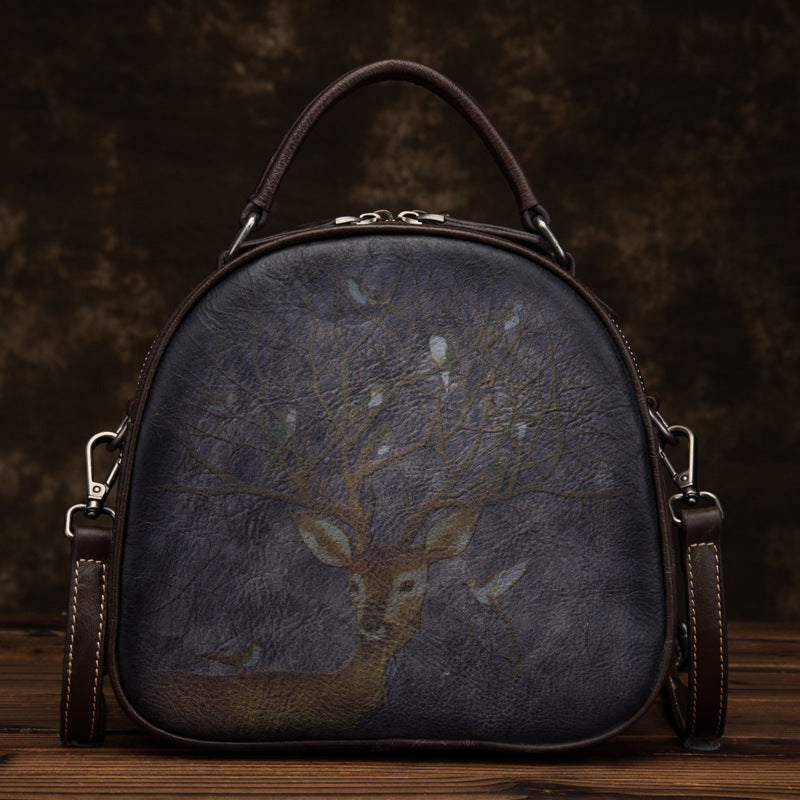 Retro Deer Bird Hand-Painted Leather Bag-Handbags-Black-Free Shipping Leatheretro