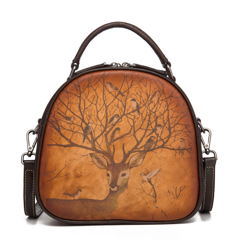 Retro Deer Bird Hand-Painted Leather Bag-Handbags-Black-Free Shipping Leatheretro