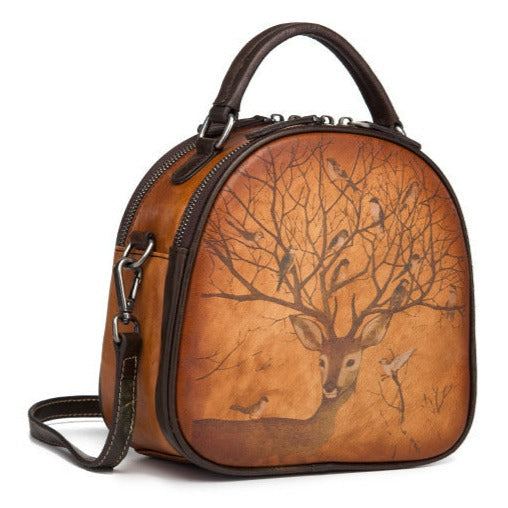Retro Deer Bird Hand-Painted Leather Bag-Handbags-Black-Free Shipping Leatheretro