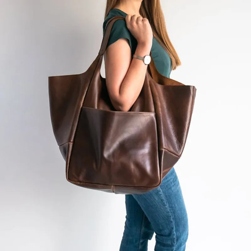 Retro Handmade Large Tote Bag-Tote Bag-Coffee-Free Shipping Leatheretro