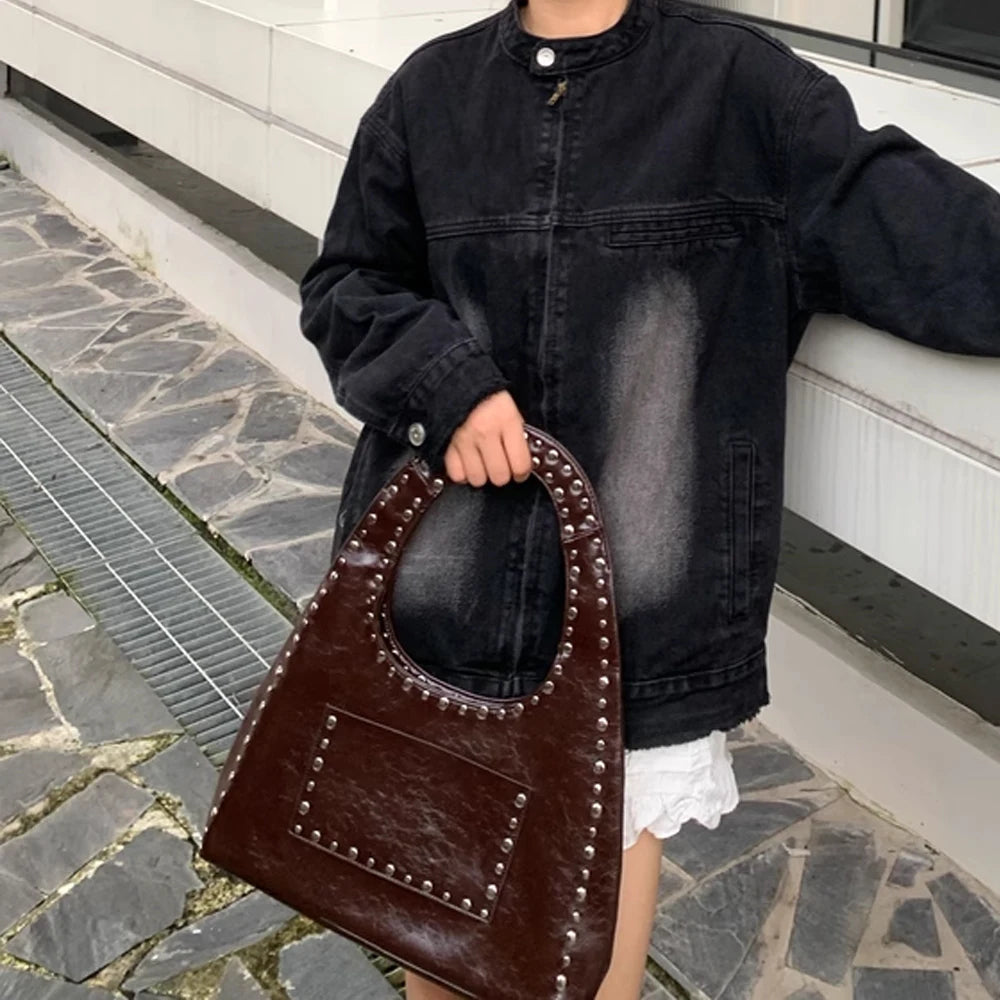 Retro Rivet Oil Wax Leather Shoulder Bag-Handbags-Coffee-Free Shipping Leatheretro