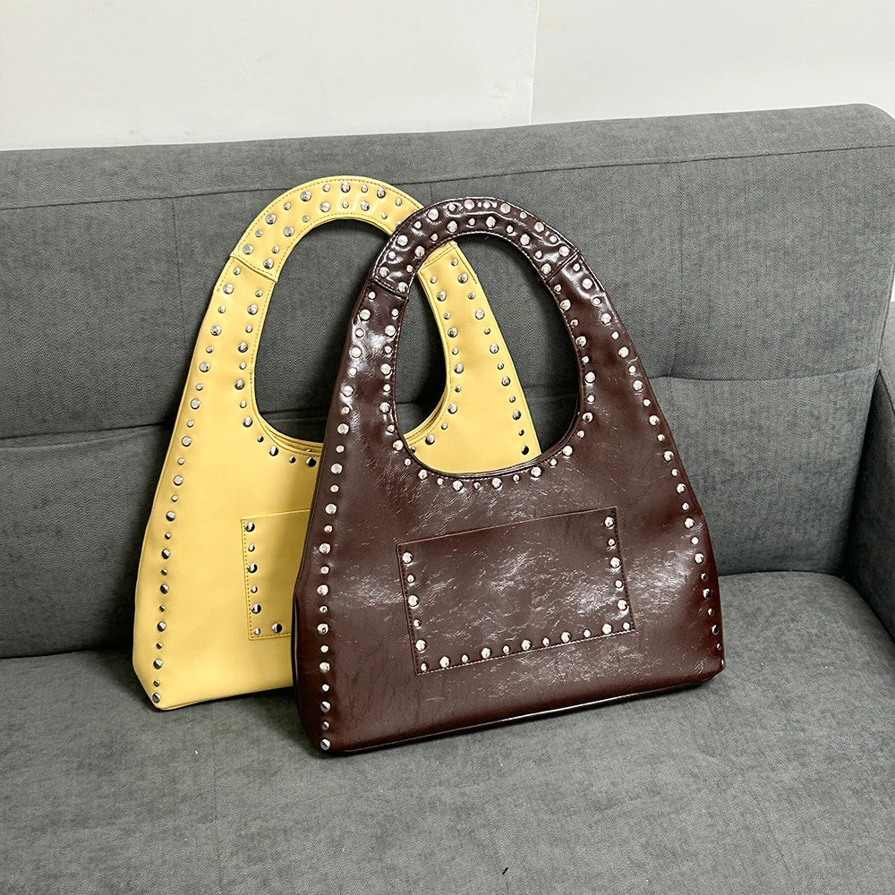 Retro Rivet Oil Wax Leather Shoulder Bag-Handbags-Coffee-Free Shipping Leatheretro