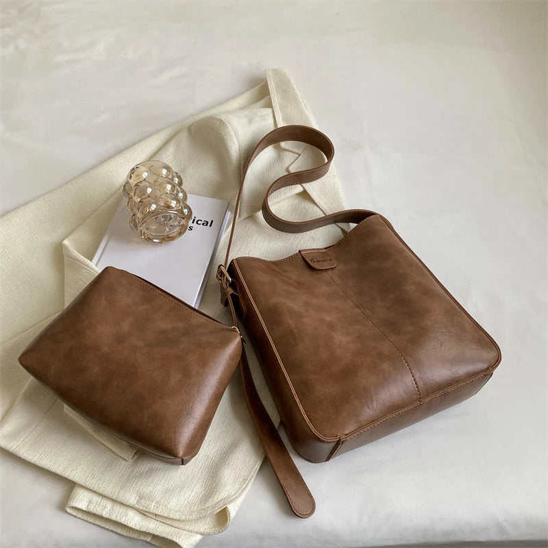 Retro Shoulder Tote Bag Set For Women-Tote Bag-Khaki-Free Shipping Leatheretro