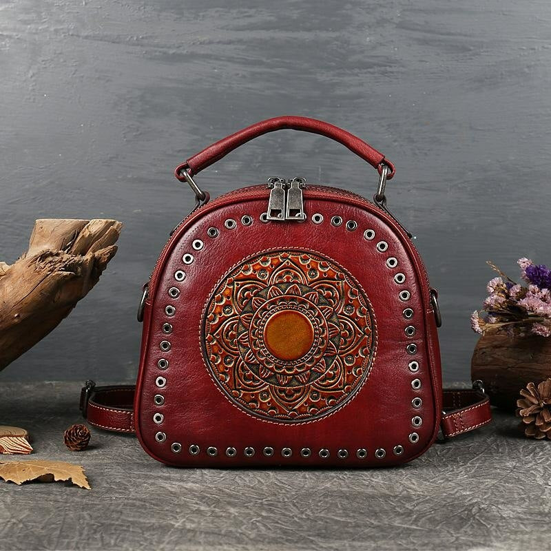 Retro Totem Women Real Leather Handbag-Handbags-Wine Red-Free Shipping Leatheretro