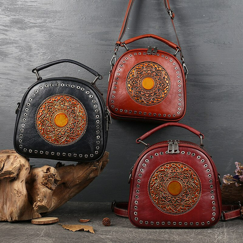 Retro Totem Women Real Leather Handbag-Handbags-Brown-Free Shipping Leatheretro