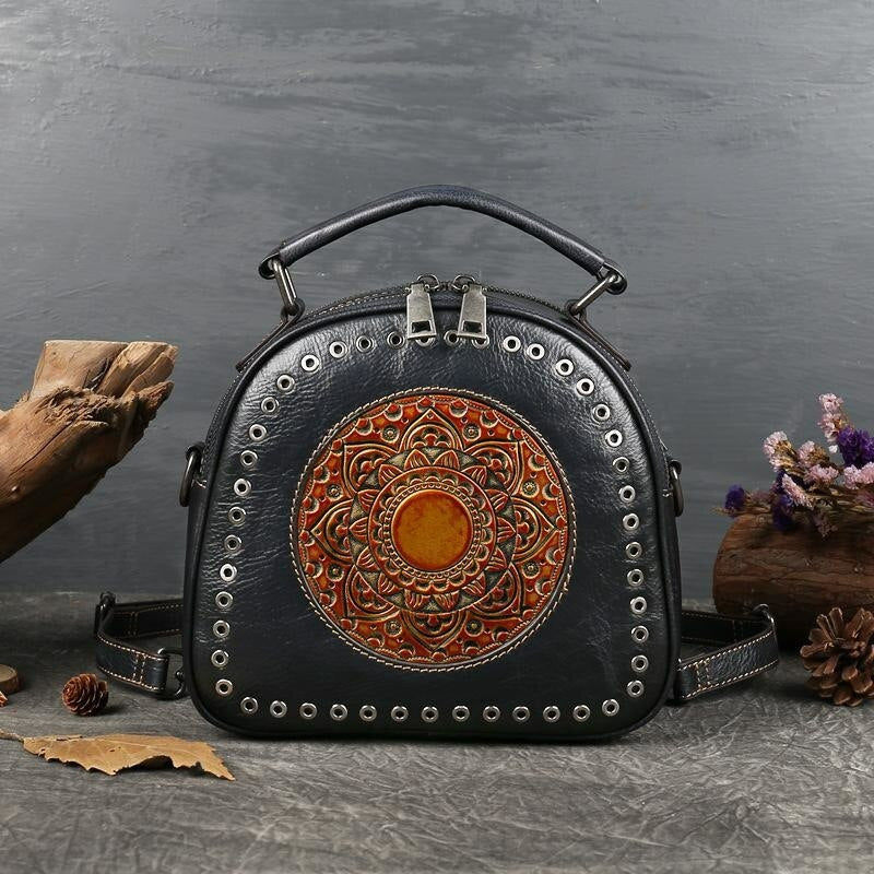 Retro Totem Women Real Leather Handbag-Handbags-Black-Blue-Free Shipping Leatheretro