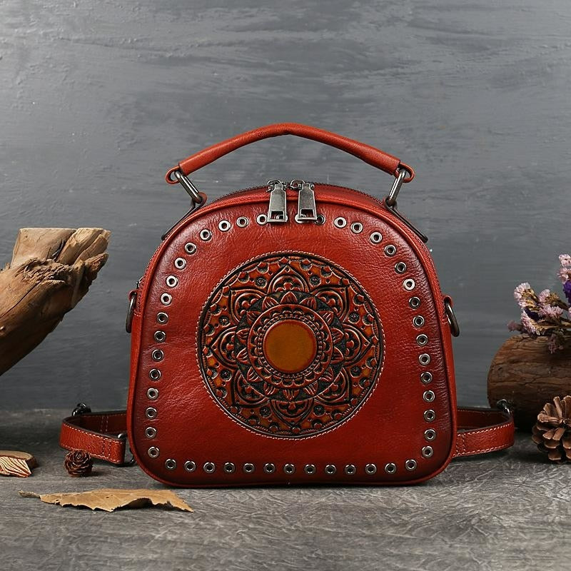 Retro Totem Women Real Leather Handbag-Handbags-Brown-Free Shipping Leatheretro