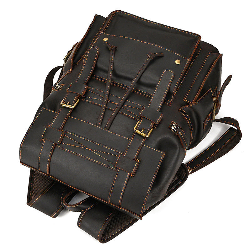 Retro Crazy Horse Leather Backpack – Large Capacity 16-Inch Cowhide Laptop & Travel Bag with Multi-Flap Pockets-Backpacks-Dark Brown-Free Shipping Leatheretro