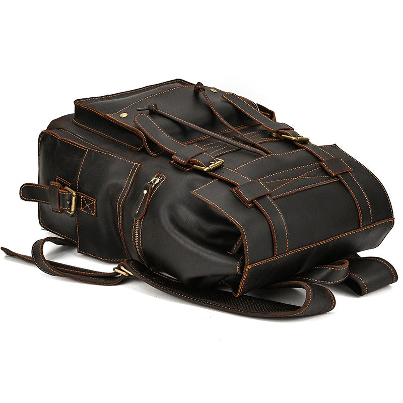 Retro Crazy Horse Leather Backpack – Large Capacity 16-Inch Cowhide Laptop & Travel Bag with Multi-Flap Pockets-Backpacks-Dark Brown-Free Shipping Leatheretro