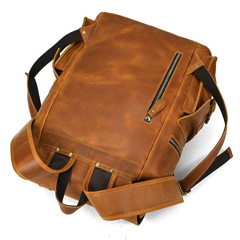 Retro Crazy Horse Leather Backpack – Large Capacity 16-Inch Cowhide Laptop & Travel Bag with Multi-Flap Pockets-Backpacks-Dark Brown-Free Shipping Leatheretro