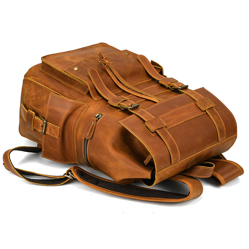 Retro Crazy Horse Leather Backpack – Large Capacity 16-Inch Cowhide Laptop & Travel Bag with Multi-Flap Pockets-Backpacks-Dark Brown-Free Shipping Leatheretro