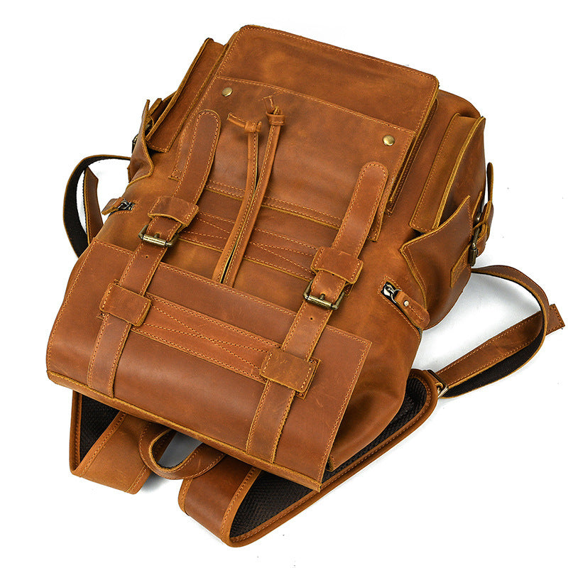 Retro Crazy Horse Leather Backpack – Large Capacity 16-Inch Cowhide Laptop & Travel Bag with Multi-Flap Pockets-Backpacks-Dark Brown-Free Shipping Leatheretro