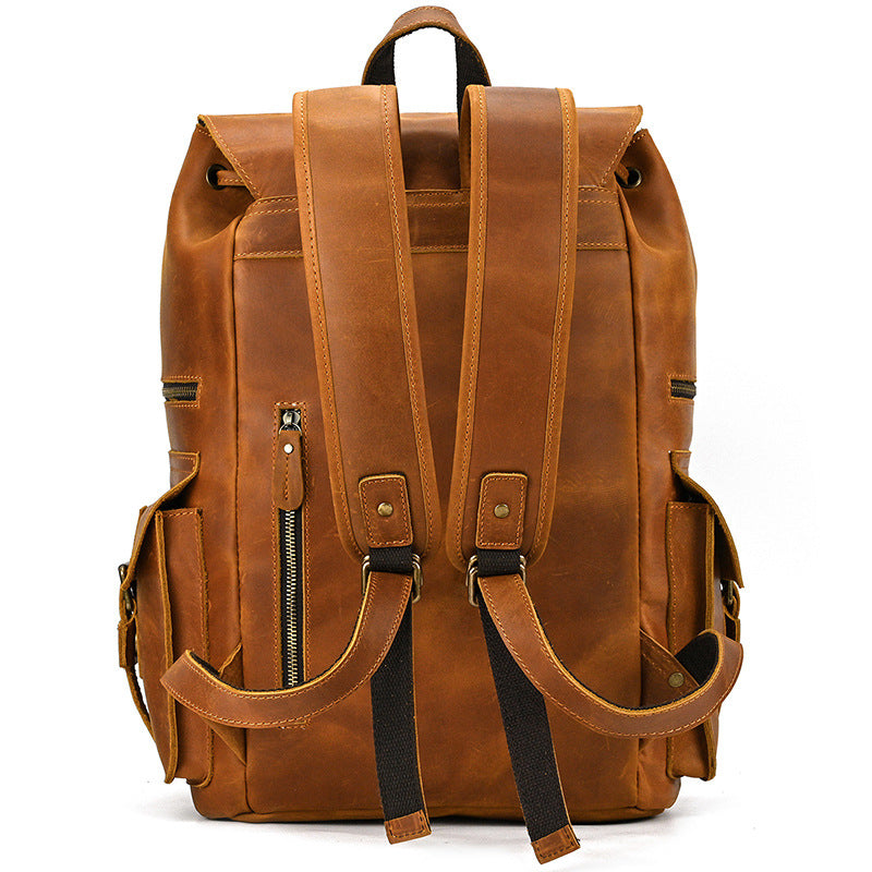 Retro Crazy Horse Leather Backpack – Large Capacity 16-Inch Cowhide Laptop & Travel Bag with Multi-Flap Pockets-Backpacks-Dark Brown-Free Shipping Leatheretro