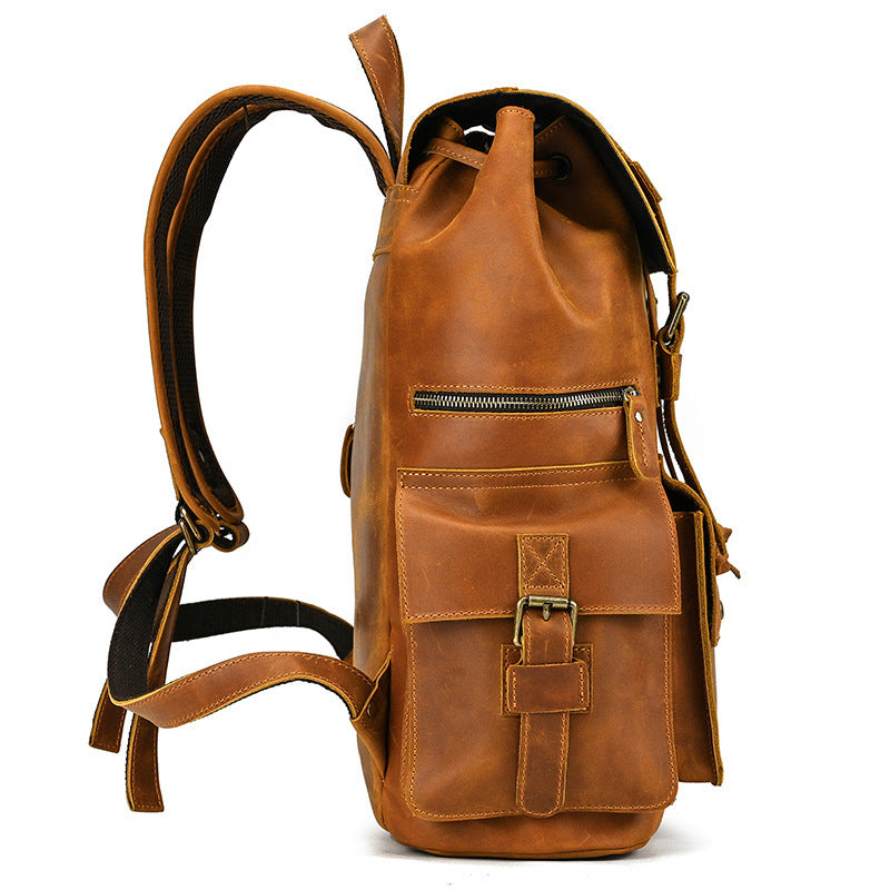Retro Crazy Horse Leather Backpack – Large Capacity 16-Inch Cowhide Laptop & Travel Bag with Multi-Flap Pockets-Backpacks-Dark Brown-Free Shipping Leatheretro