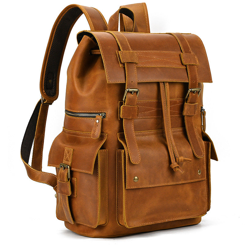 Retro Crazy Horse Leather Backpack – Large Capacity 16-Inch Cowhide Laptop & Travel Bag with Multi-Flap Pockets-Backpacks-Dark Brown-Free Shipping Leatheretro