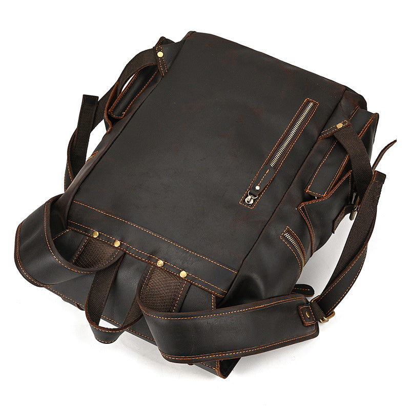 Retro Crazy Horse Leather Backpack – Large Capacity 16-Inch Cowhide Laptop & Travel Bag with Multi-Flap Pockets-Backpacks-Dark Brown-Free Shipping Leatheretro