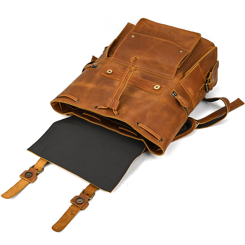 Retro Crazy Horse Leather Backpack – Large Capacity 16-Inch Cowhide Laptop & Travel Bag with Multi-Flap Pockets-Backpacks-Dark Brown-Free Shipping Leatheretro