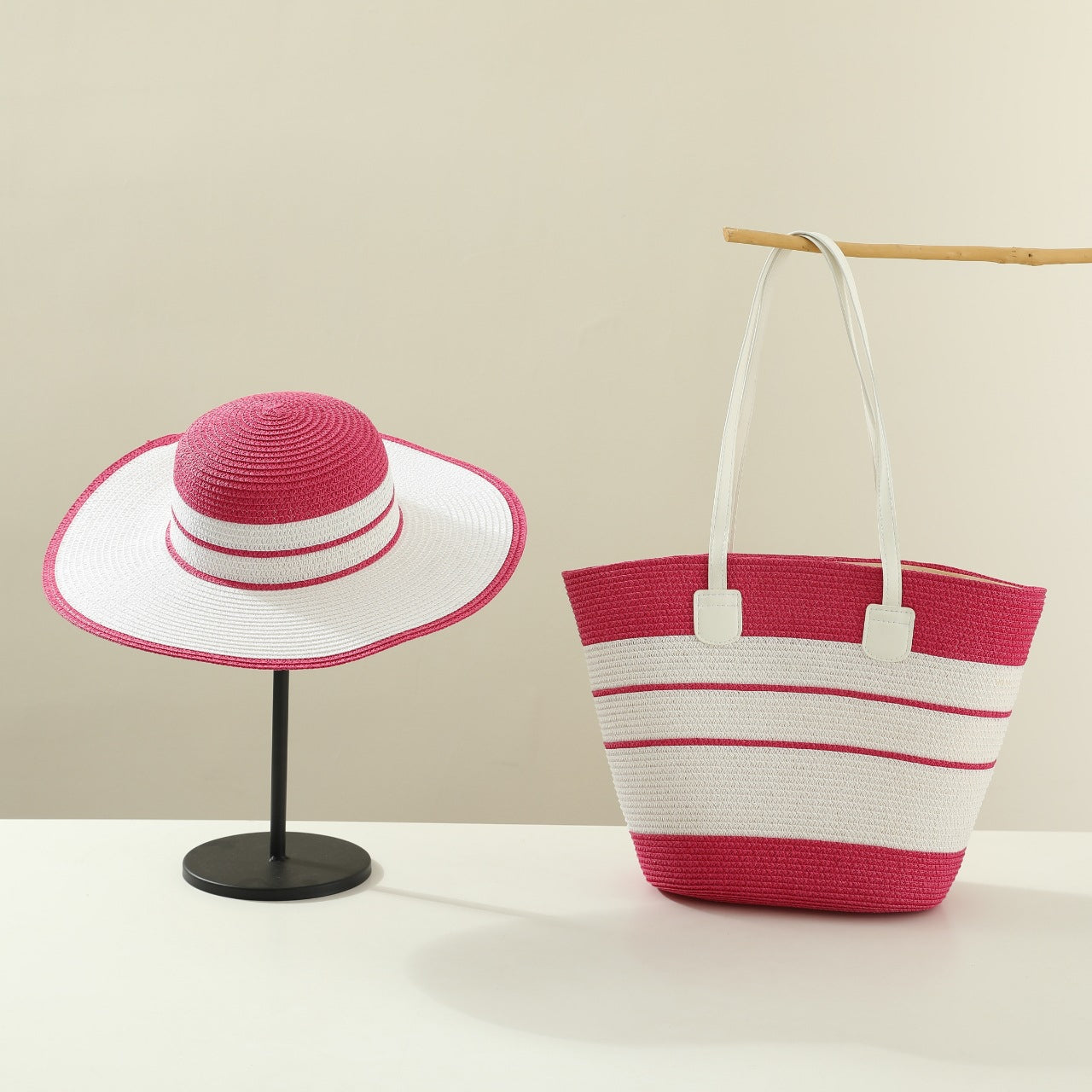 Handmade Designer Beach Straw Hat and Bag Set for Women-Tote Bag-Rose gold-Free Shipping Leatheretro
