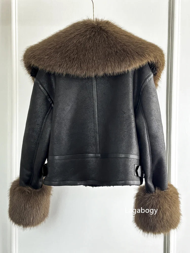 Women Faux Fur Collar Street Style Leather Jacket-Coats & Jackets-Gray Faux Fur-XS-Free Shipping Leatheretro