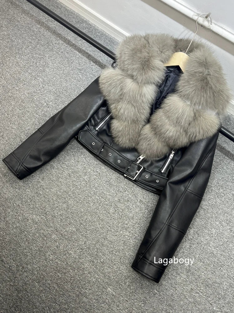 Women PU Faxur Fur Winter Jacket Outerwear-Coats & Jackets-Gray Coat Brown Fur-S-Free Shipping Leatheretro