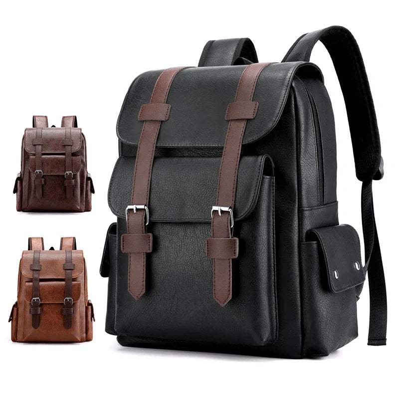 Stylish Men’s PU Leather Laptop Backpack – Large Capacity School & Travel Bag-Backpacks-Black-Free Shipping Leatheretro